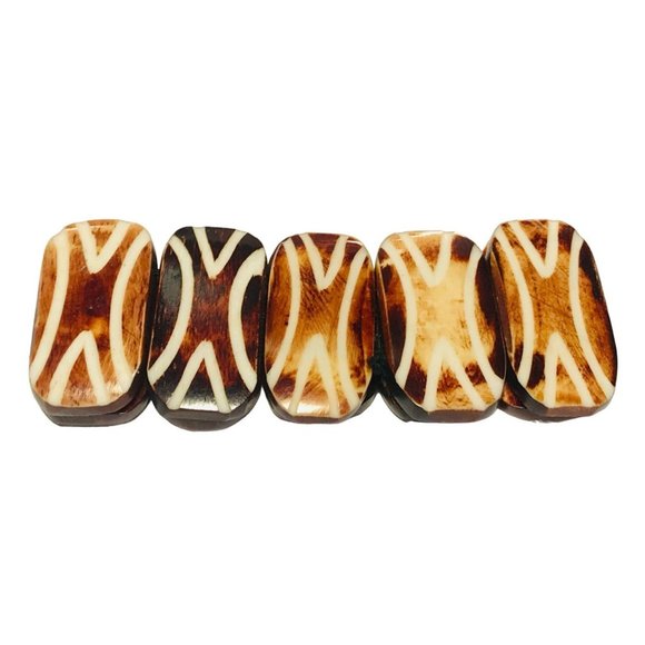 Vintage Brown and White Dyed Carved Bovine Bone Stretch Bracelet Boho Tribal EUC - Picture 7 of 7